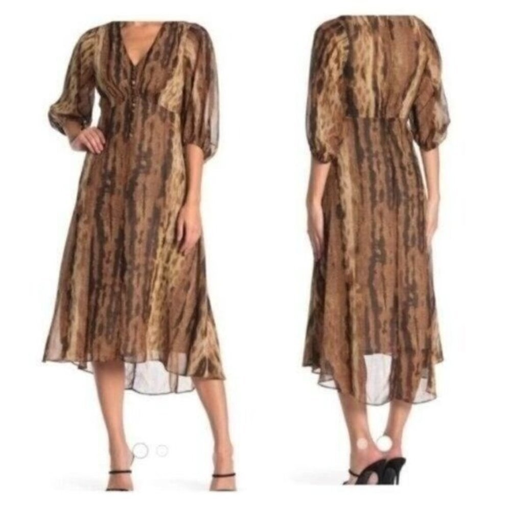 Taylor Chiffon Snake Reptile 3/4 Sheer Sleeve V-Neck Hi/lo Midi 6 Dress NWT